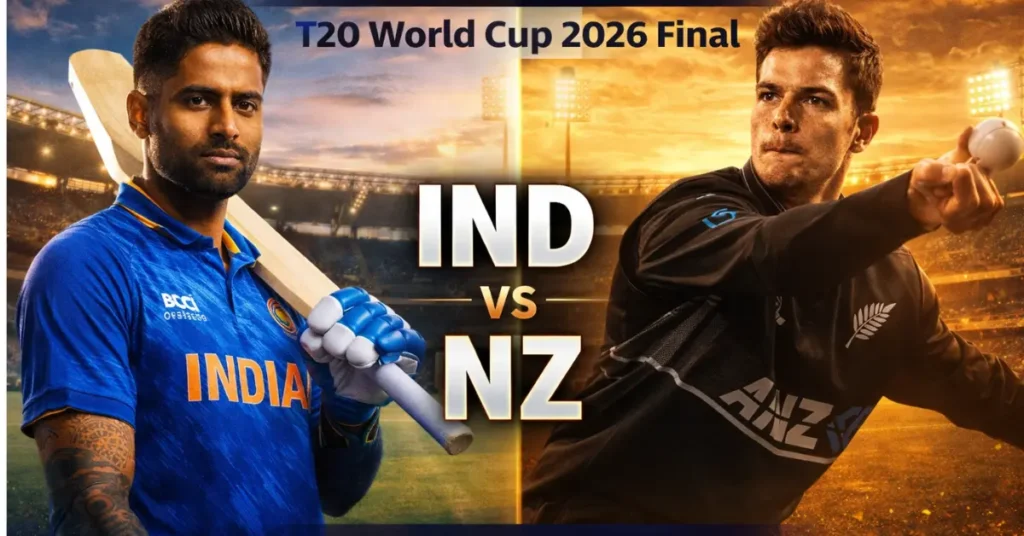 IND vs NZ Final 2026 के लिए फीचर्ड इमेज, भारत और न्यूजीलैंड के कप्तान सूर्यकुमार यादव और मिचेल सैंटनर नजर आ रहे हैं